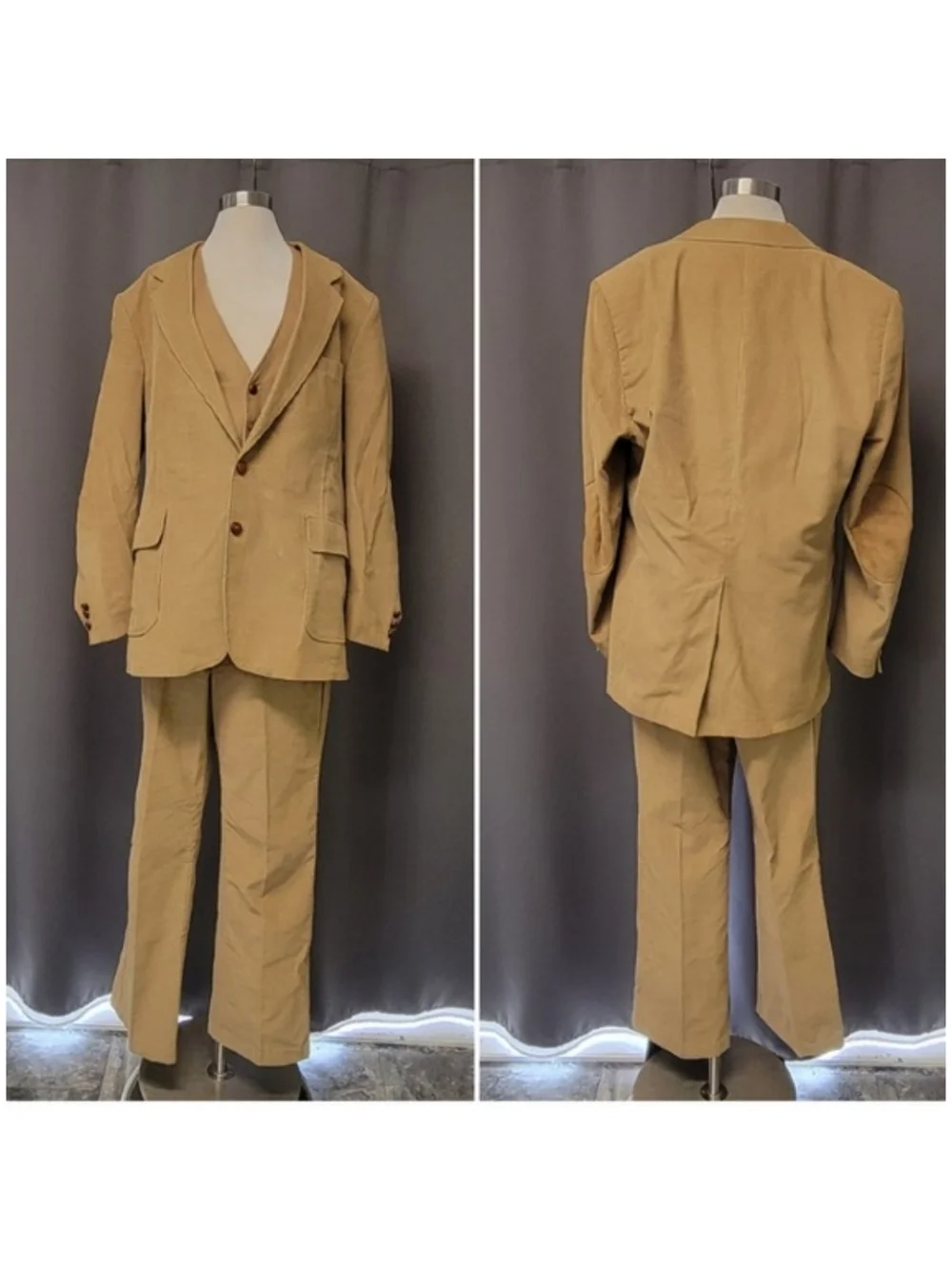Sears Farah Vintage 3 Piece Corduroy Suit‎ Tan Elbow Patches 46L 36x32